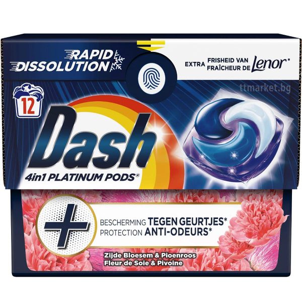 Capsule pentru rufe Dash 4în1 Platinum cu Lenor Mătase și Bujor, 12 buc
