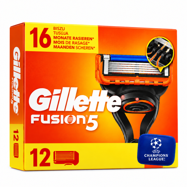 Gillette Fusion5 – Rezerve lame de ras, 12 bucăți + suport Champions League
